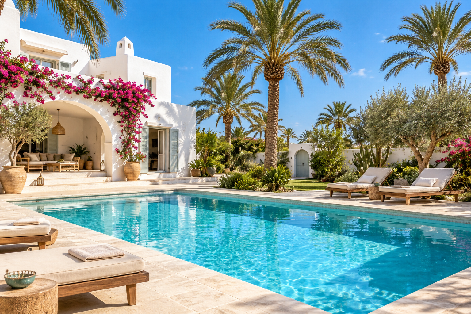 Piscine privée dans une villa blanche à Djerba